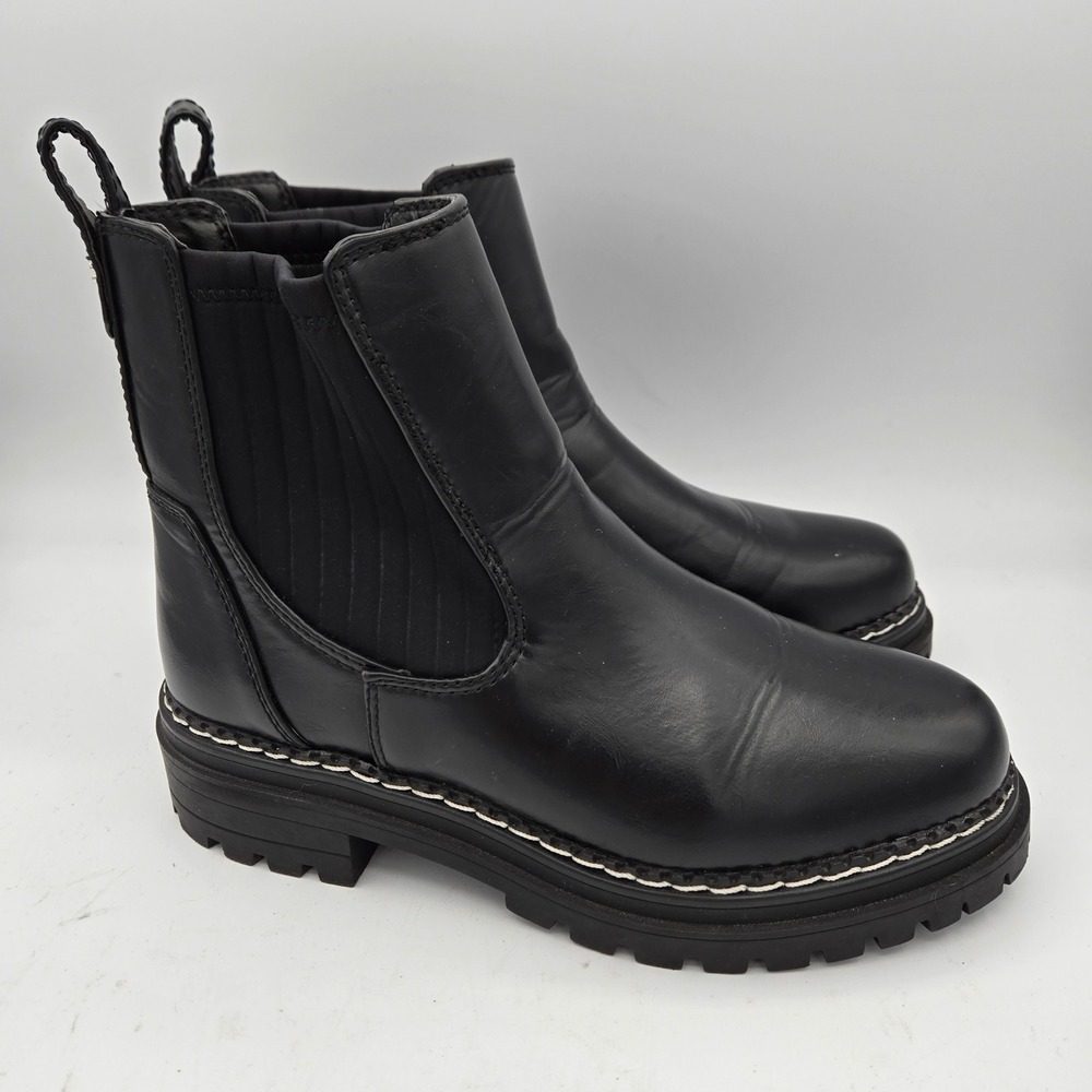 Sam & Libby Black Faux Leather Pull On Grunge  Lug Sole Y2K Moto Biker Boots W 7